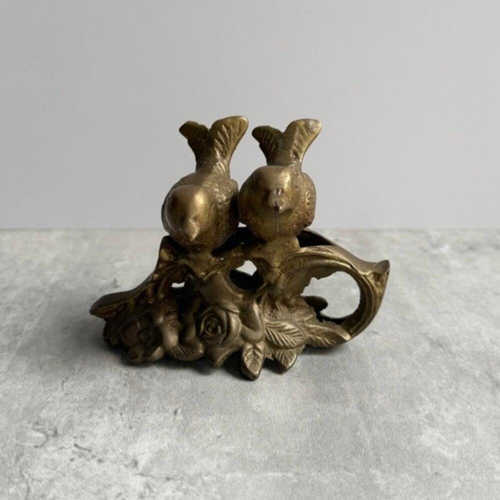 Vintage Brass Love Birds Sparrows On Branch Figurine Roses Woodland Whimsical